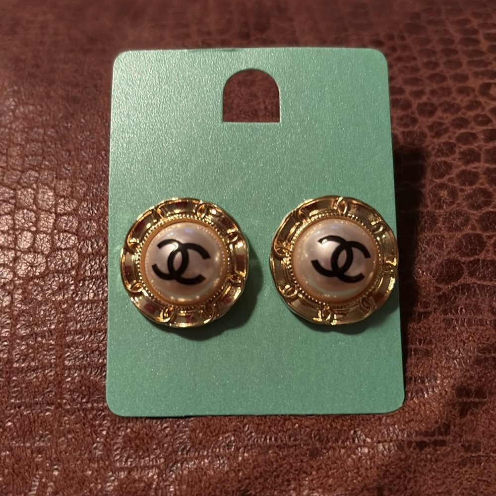Gold and Opal White LV Gucci Logo Earrings - designer bling - Picture 5 of 14